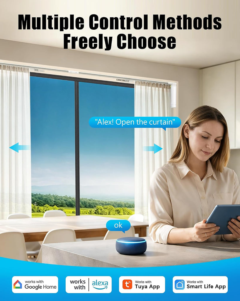 Smart Curtains System, Electric Curtain Track with Automated Rail, Motorized Curtain Rod with Remote Control, Works