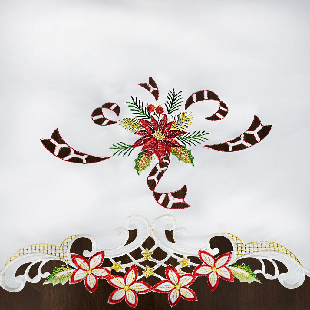 Holiday Tablecloth, White with Red Poinsettia Embroidered Design, Scalloped Edge, Christmas Dining Table Decor (Round