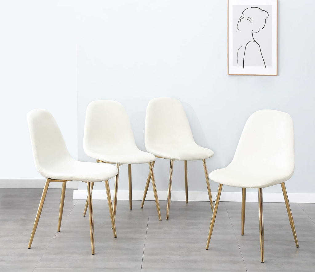 Cream Velvet Dining Chair Set of 4, Midcentury Modern Kitchen Chairs with Gold Chrome Legs, Elegant Dining Room