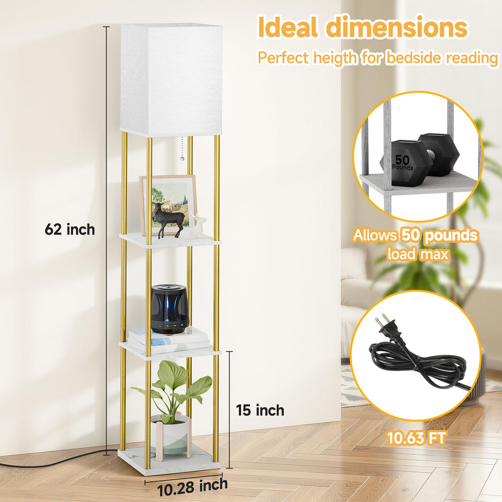 Floor Lamp with Shelves, 3-Tier Square Modern Shelf Lamp