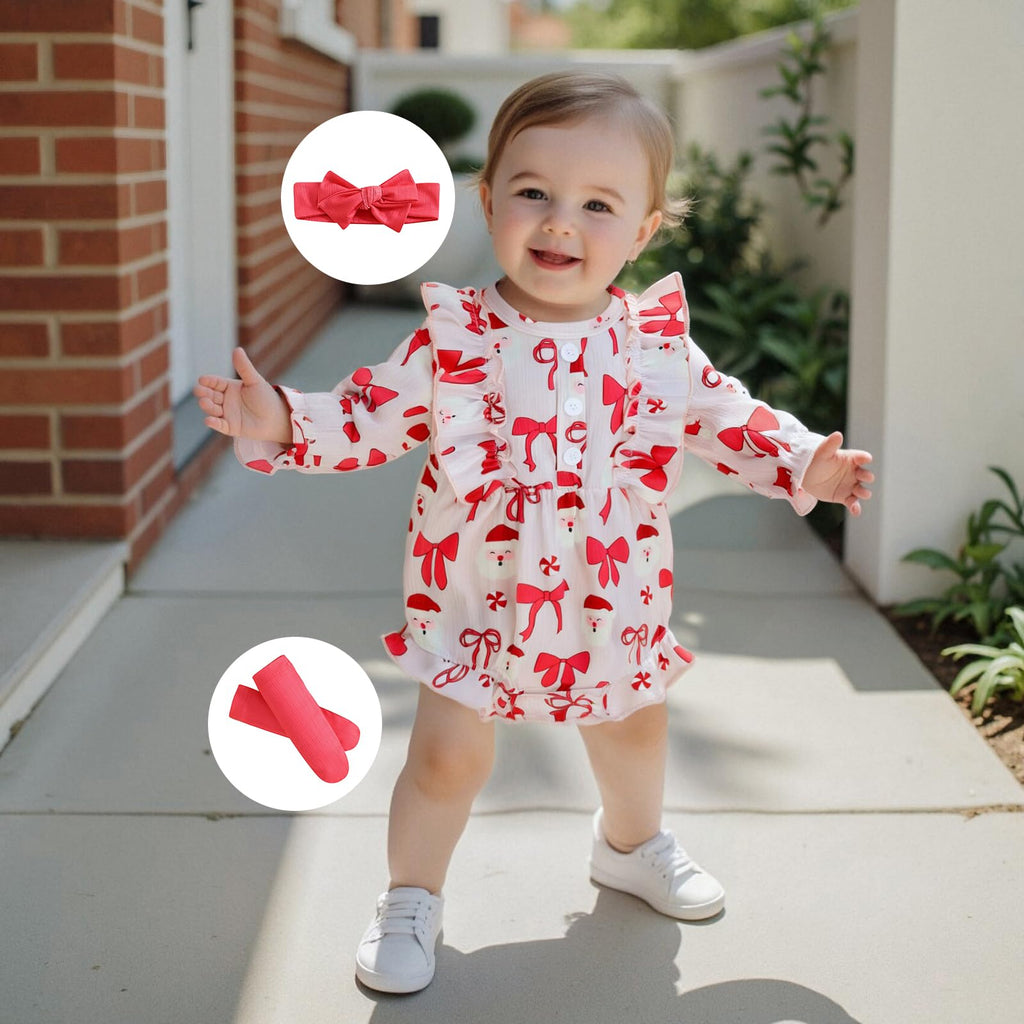 My First Christmas Baby Girl Outfit Newborn Santa Bow Ruffle Onesie Infant Long Sleeve Romper Fall Winter Clothes (B