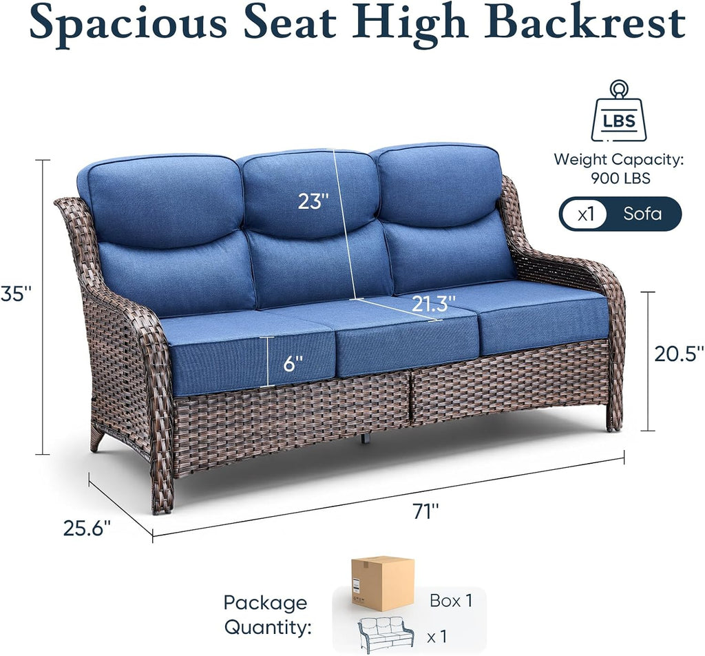 Luxury 6" Thick Cushioned PE Wicker 3-Seater Outdoor Couch, All-Weather Comfortable Modern Patio Sofa, High Back Deep