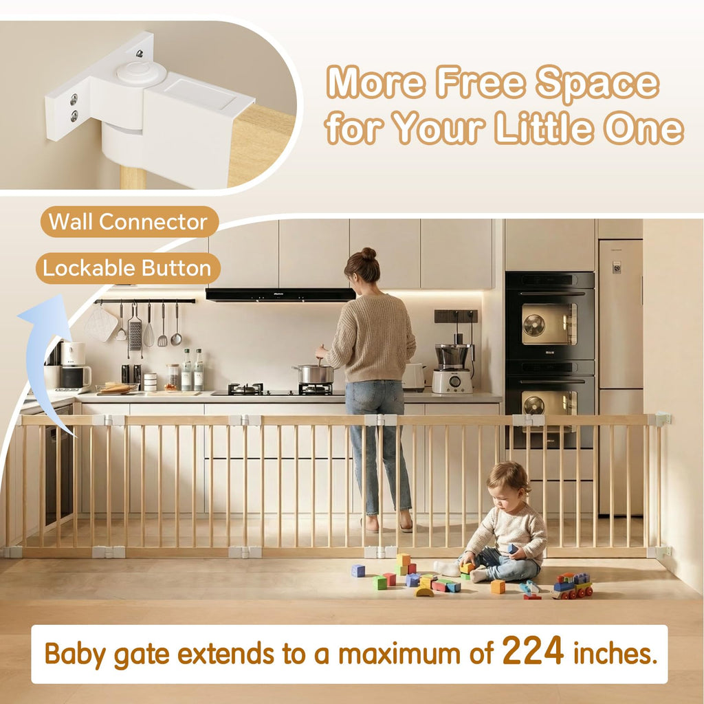 Baby Playpen, Foldable Wooden Play Yard with Gate and Child Proof Lock