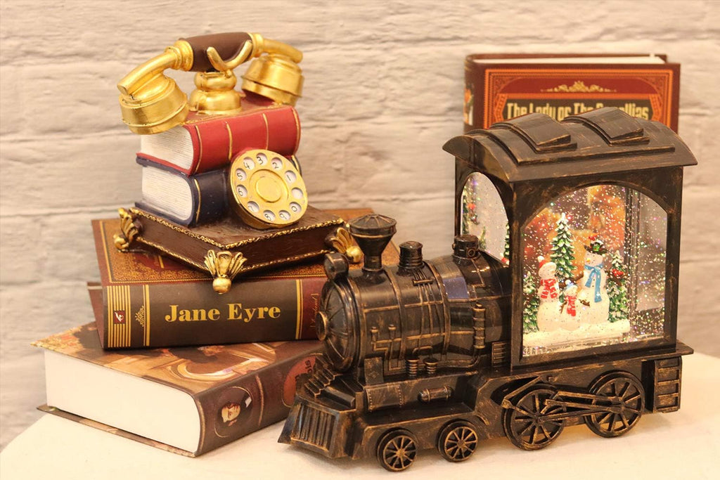 Christmas Train Snowman Battery Operated Musical Lighted Water Snowing Glittering Snow Globe Lantern with Timer