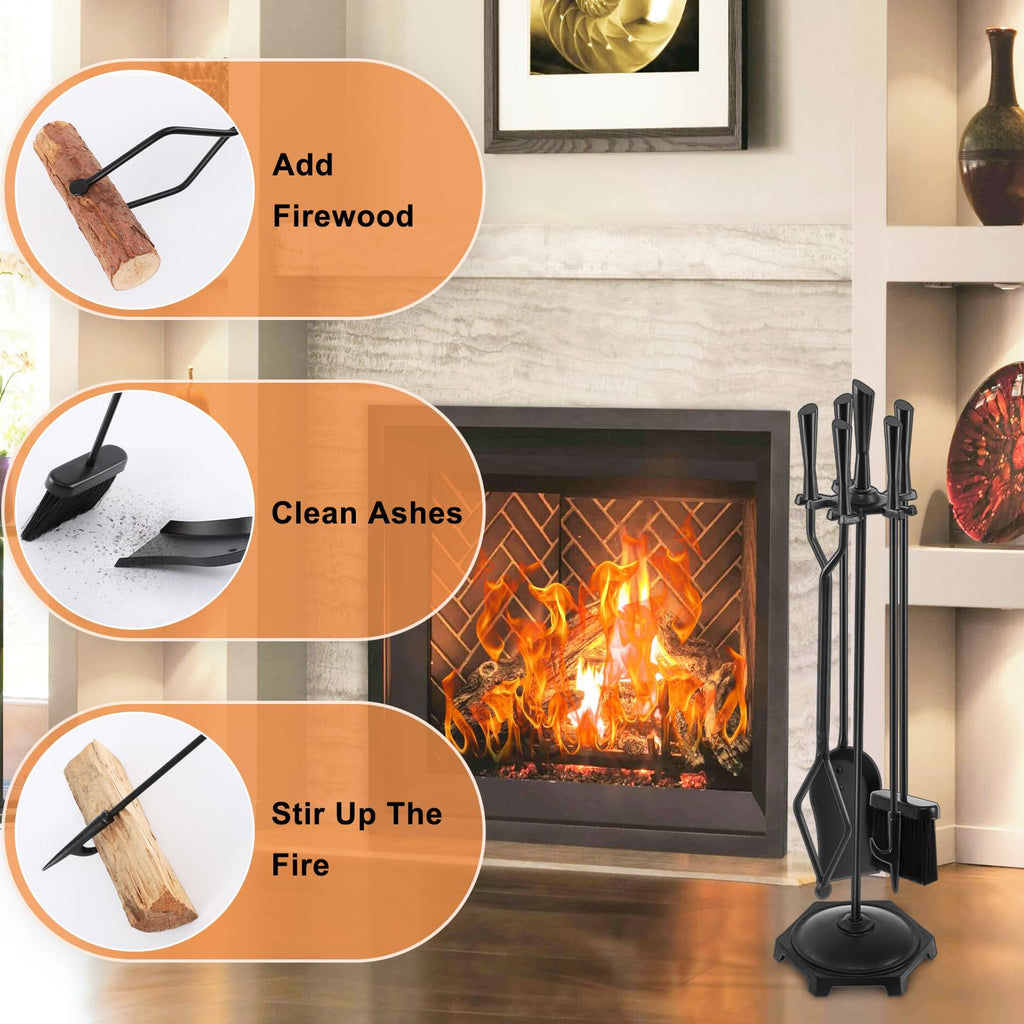 5 Pcs Fireplace Tools Set 32" Black Wrought Iron Large Fire Tool Set for Outdoor/Indoor Include Chimney Poker, Rustic