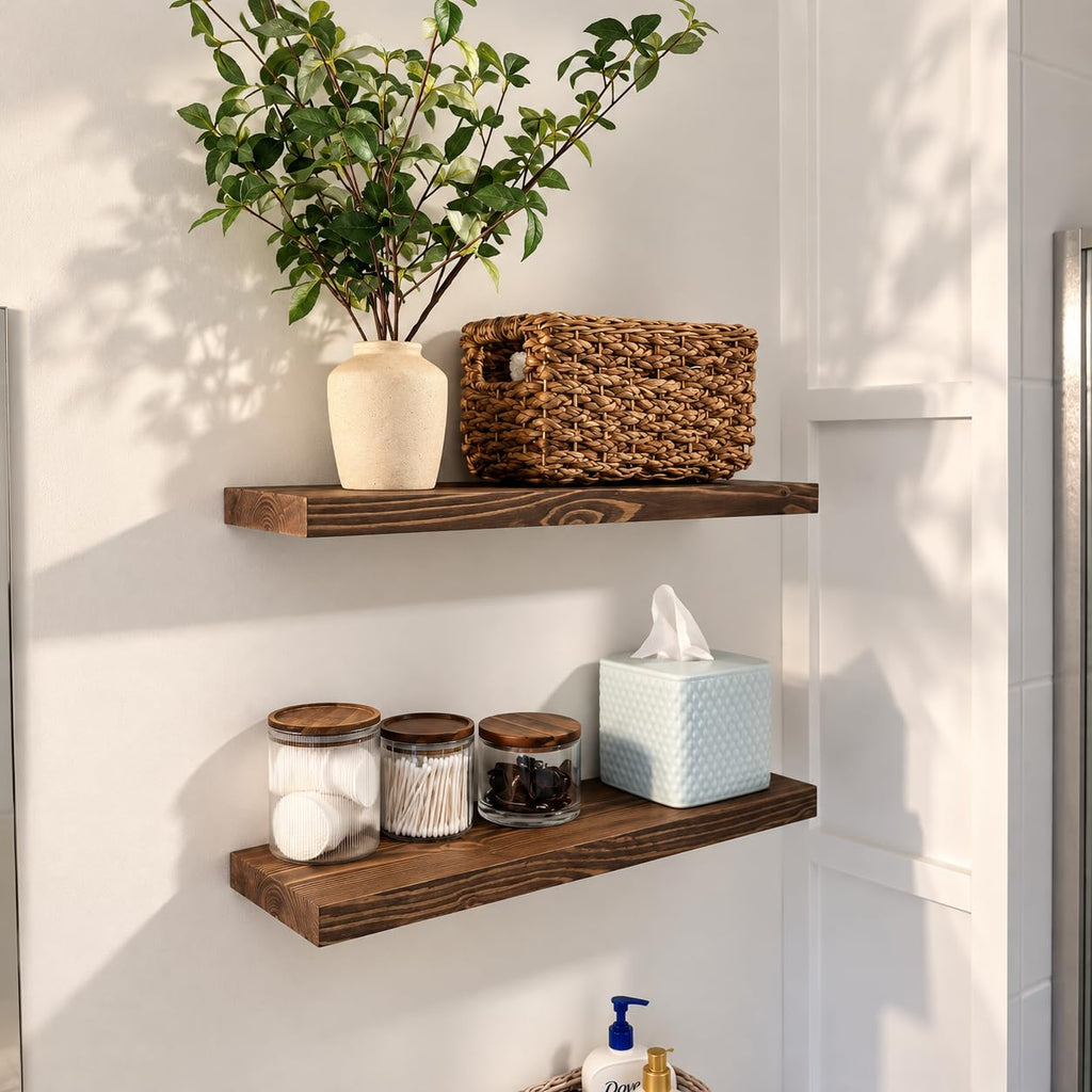 Wood Floating Shelves for Wall 24 inch Set of 2, Rustic Wooden Wall Mount Shelves Living Room Bedroom Kitchen