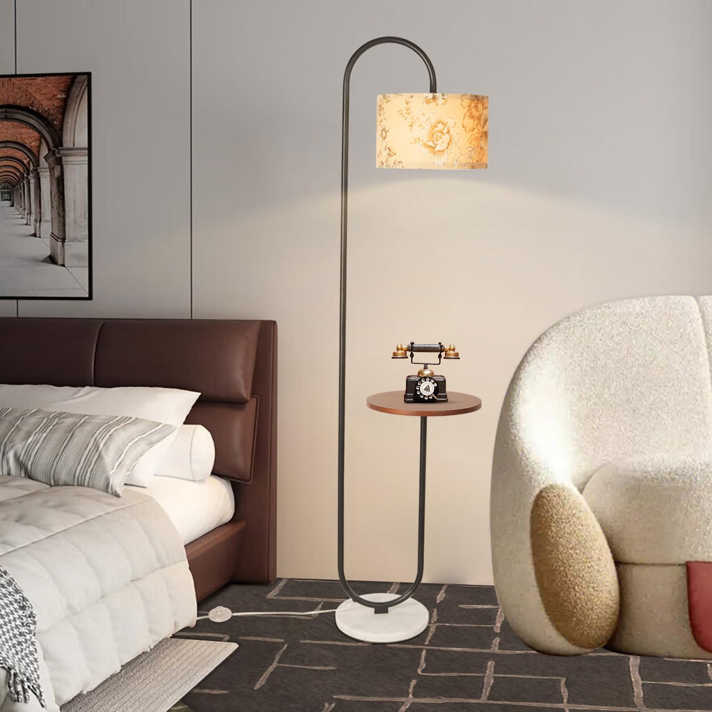 Arc Floor Lamp with Hanging Drum Shade -Marble Base Modern Tall Stand Up Light with Table, Contemporary Over The