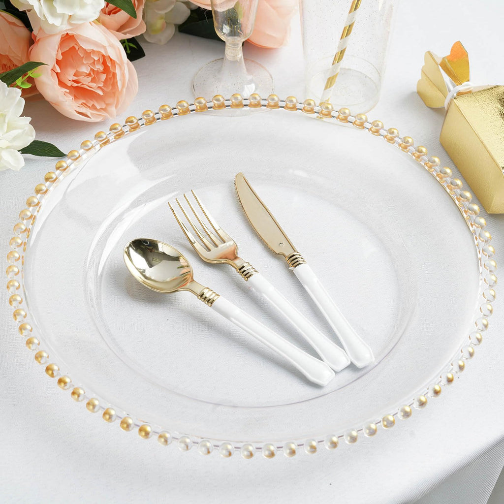 13" Charger Plates - Set of 12 - Gold Round Acrylic Disposable Chargers with Beaded Rim, Ideal for Dinner Party