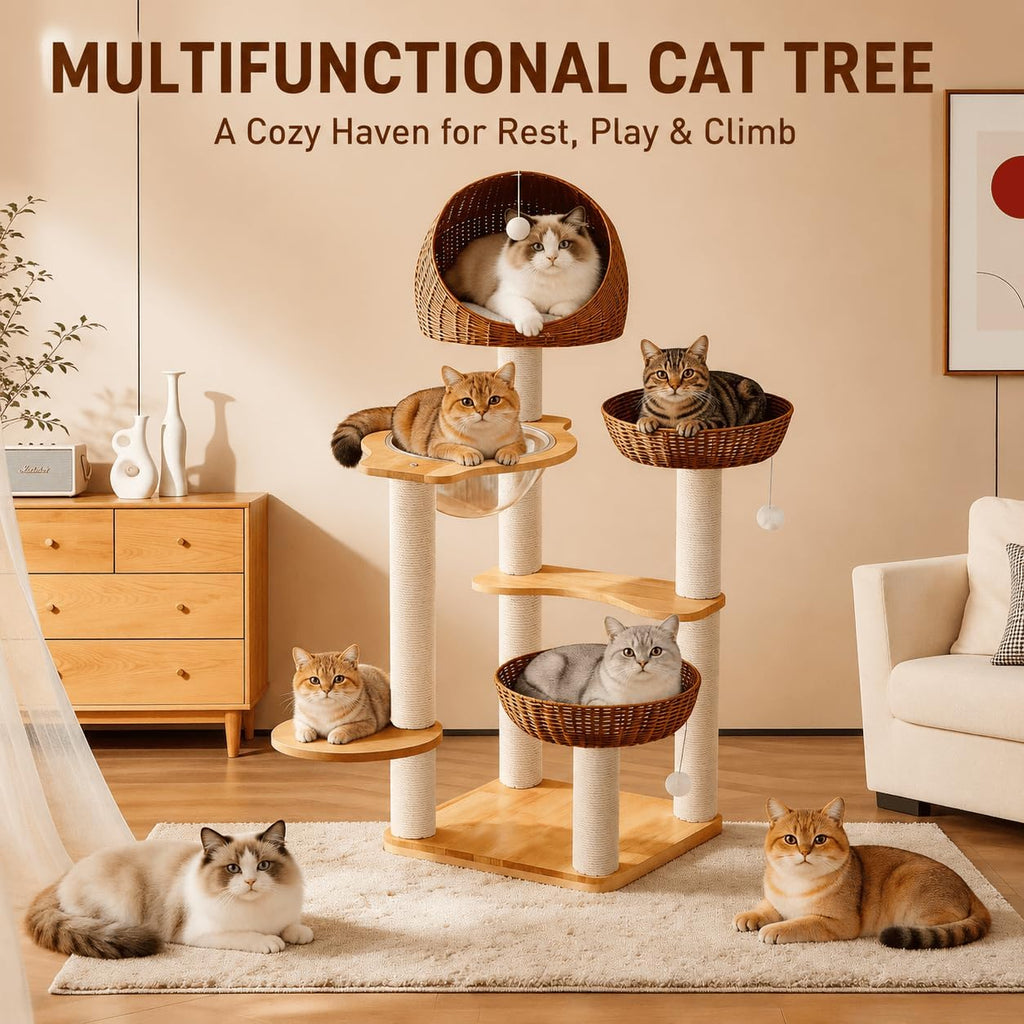 50in Solid Wood Cat Tree for Indoor Cats with Wicker Beds
