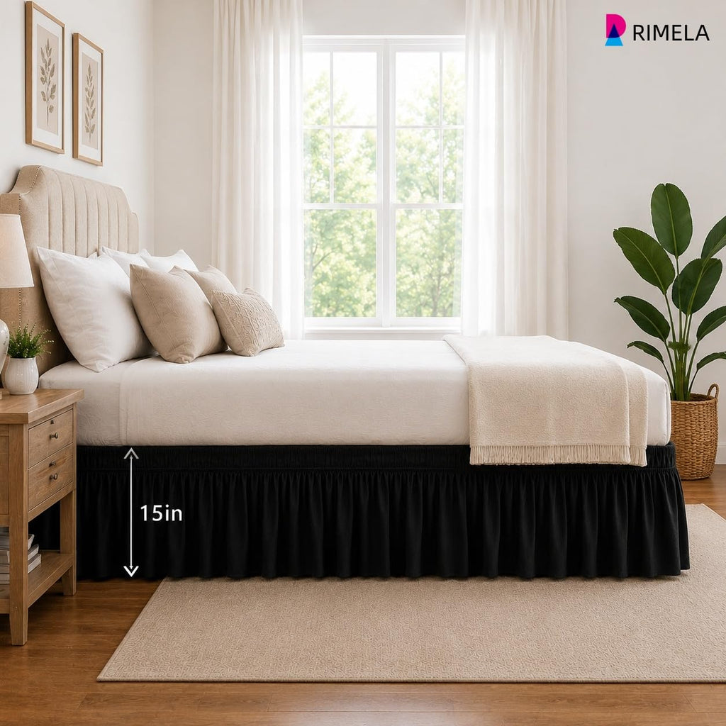 Black Bed Skirt Queen Size 15 Inch Drop, Elastic Wrap Around Bedskirt