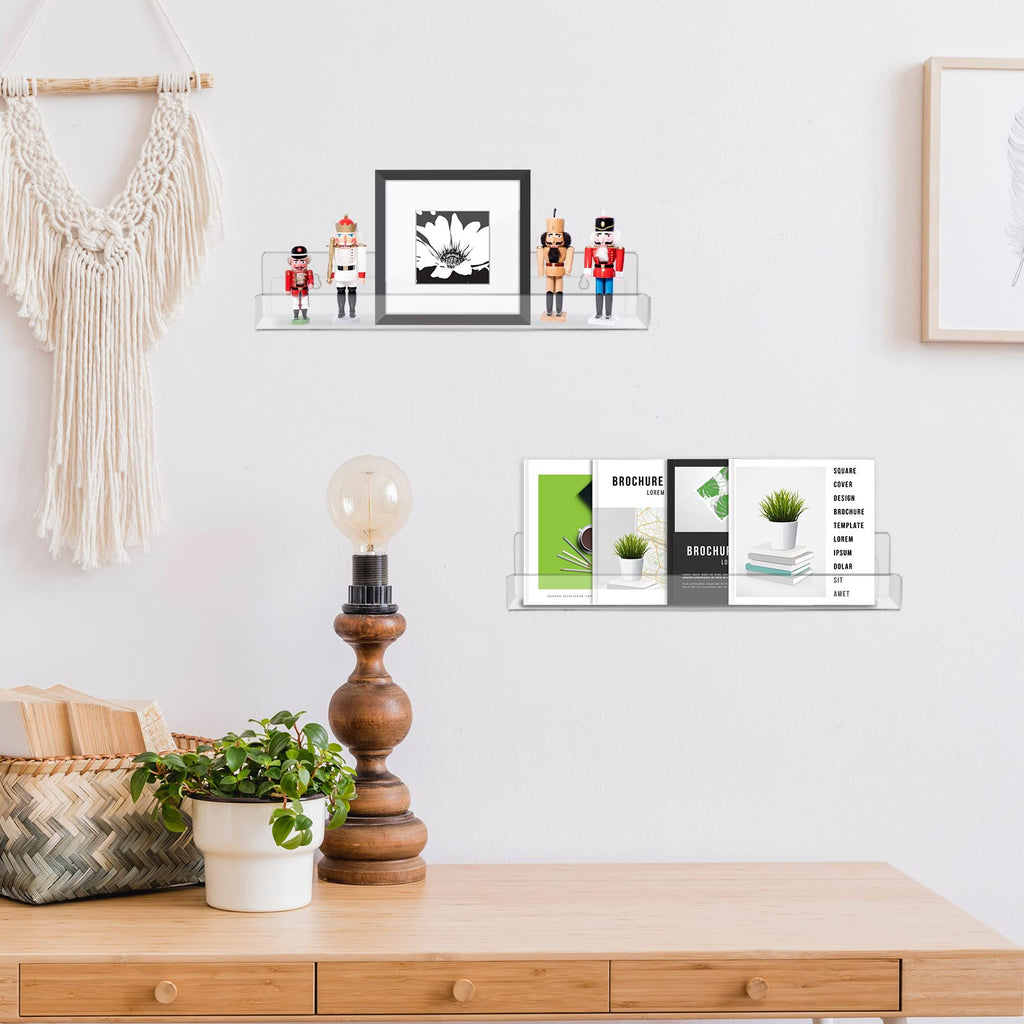 8 Packs 14 Inch Acrylic Floating Shelf Wall Mounted Invisible Acrylic Shelf Ledge Floating Bookshelf Office Bedroom