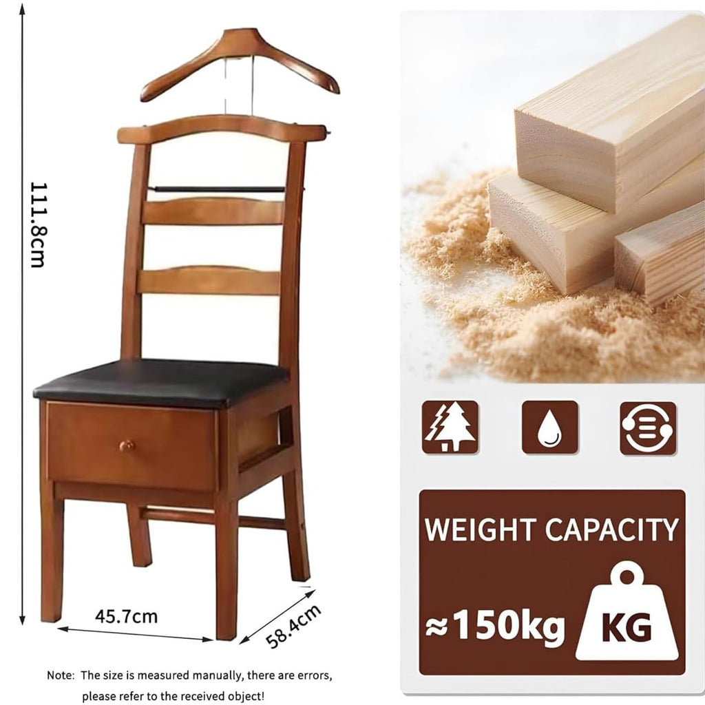 Chair Valet With Drawer, Wooden Suit Valet Stand With Contour Hanger, Trouser Bar and Tie & Belt Bar, 18" W x 23" D x