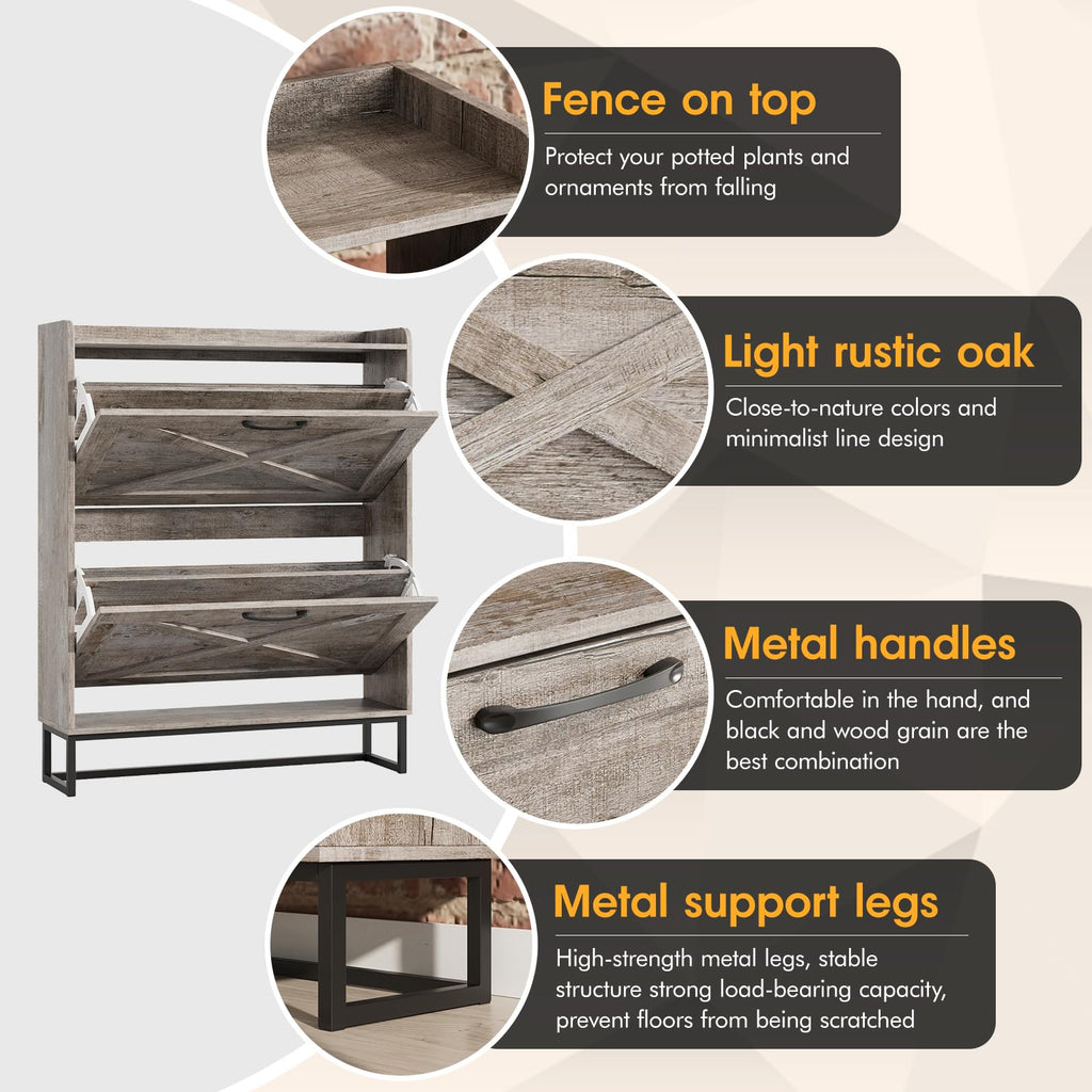 Shoe Storage Cabinet with 2 Flip Drawers, Freestanding Organizer with Metal Legs, Narrow Shoe Rack Cabinet, Light