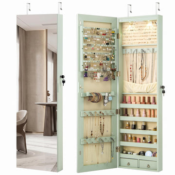 Jewelry Armoire, Over The Door Mirror Jewelry Cabinet, Green