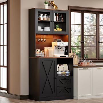 71''Kitchen Pantry Storage Cabinet with LED Lights and Power Outlet, Tall Farmhouse Kitchen Hutch with Microwave