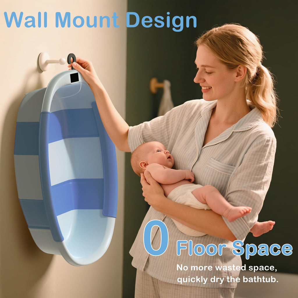 Collapsible Baby Bathtub - Large Baby Bath Tub with Thermometer & Cushion | Travel Portable Newborn Infant Bathtub
