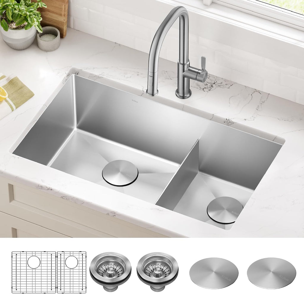 Kitchen Sinks Undermount - 32 Inch Stainless Steel Kitchen Sink, 60/40 Double Bowl, 16 Gauge, Model KHU103-32