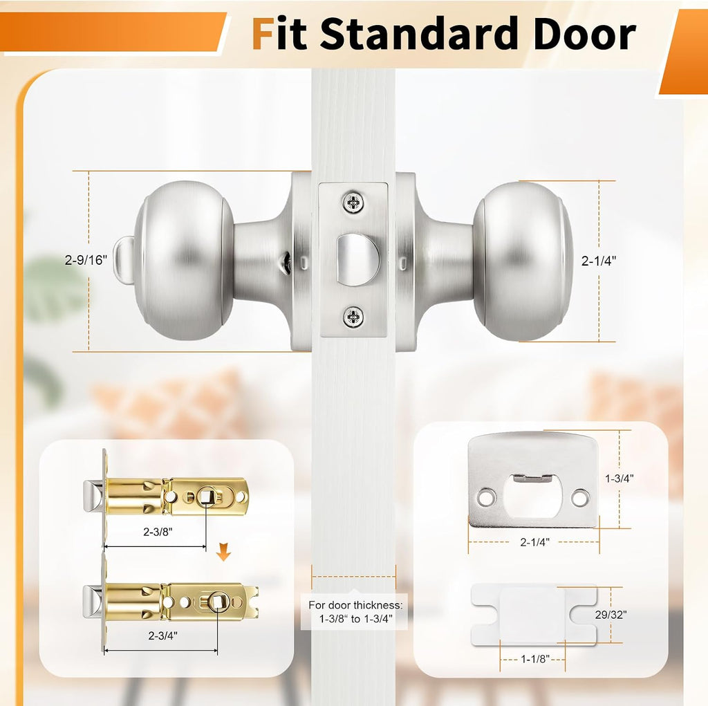 Brushed Nickel Interior Door Knobs, Privacy Door Knob Bedroom, Stainless Steel Door Knob for Interior Door, 10 Pack