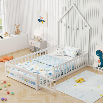 Floor Bed, House-Shaped Montessori Bed Frame with Headboard, Full-Length Guardrail, Chimney & Solid Wood