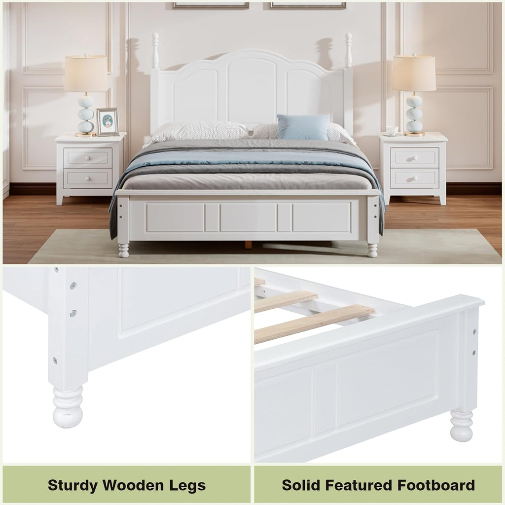 Vintage Queen Wood Bed Frame, Traditional Solid Wood Platform Bed with Retro Style Headboard, Traditional Town Style