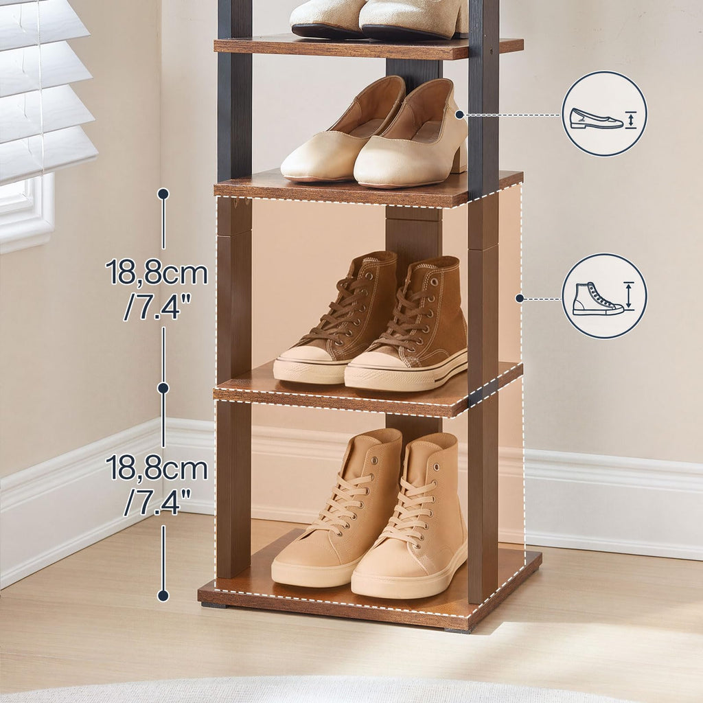 10 Tiers Vertical Shoe Rack, Wooden Shoe Storage Organizer with Hooks, Narrow Shoe Tower for 10 Pairs, Space Saving