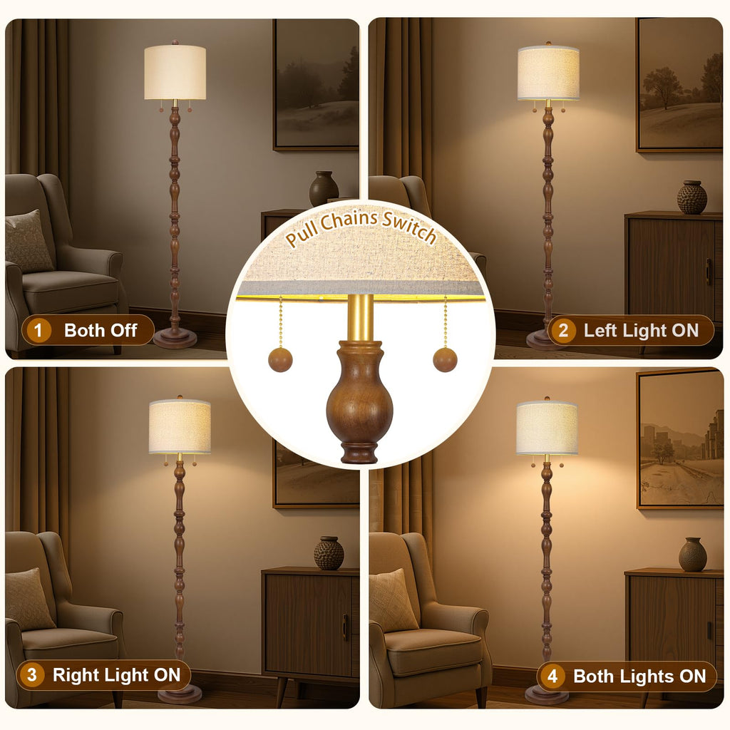 65.5" Natural Real Wood Floor Lamp with Dual Pull Chains Switch