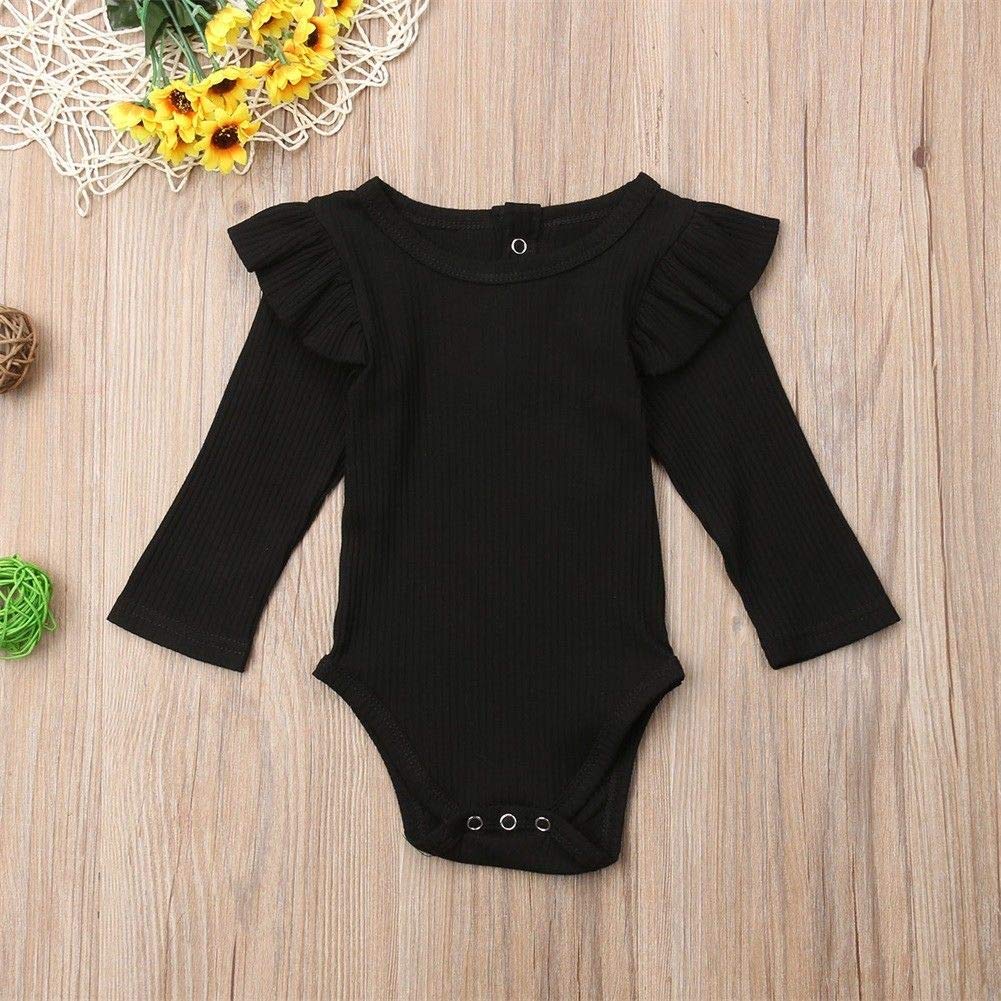 Infant Baby Girl Basic Plain Rib Knit Ruffle Long Sleeve Romper Bodysuit Tops