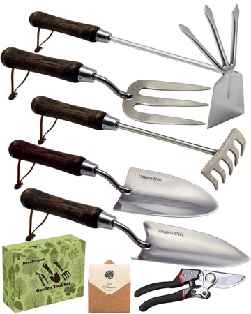 Garden Tool Set, 6PCS Heavy Duty Stainless Steel Gardening Hand Tools with Ropes, Includes Hand Cultivator Shovel