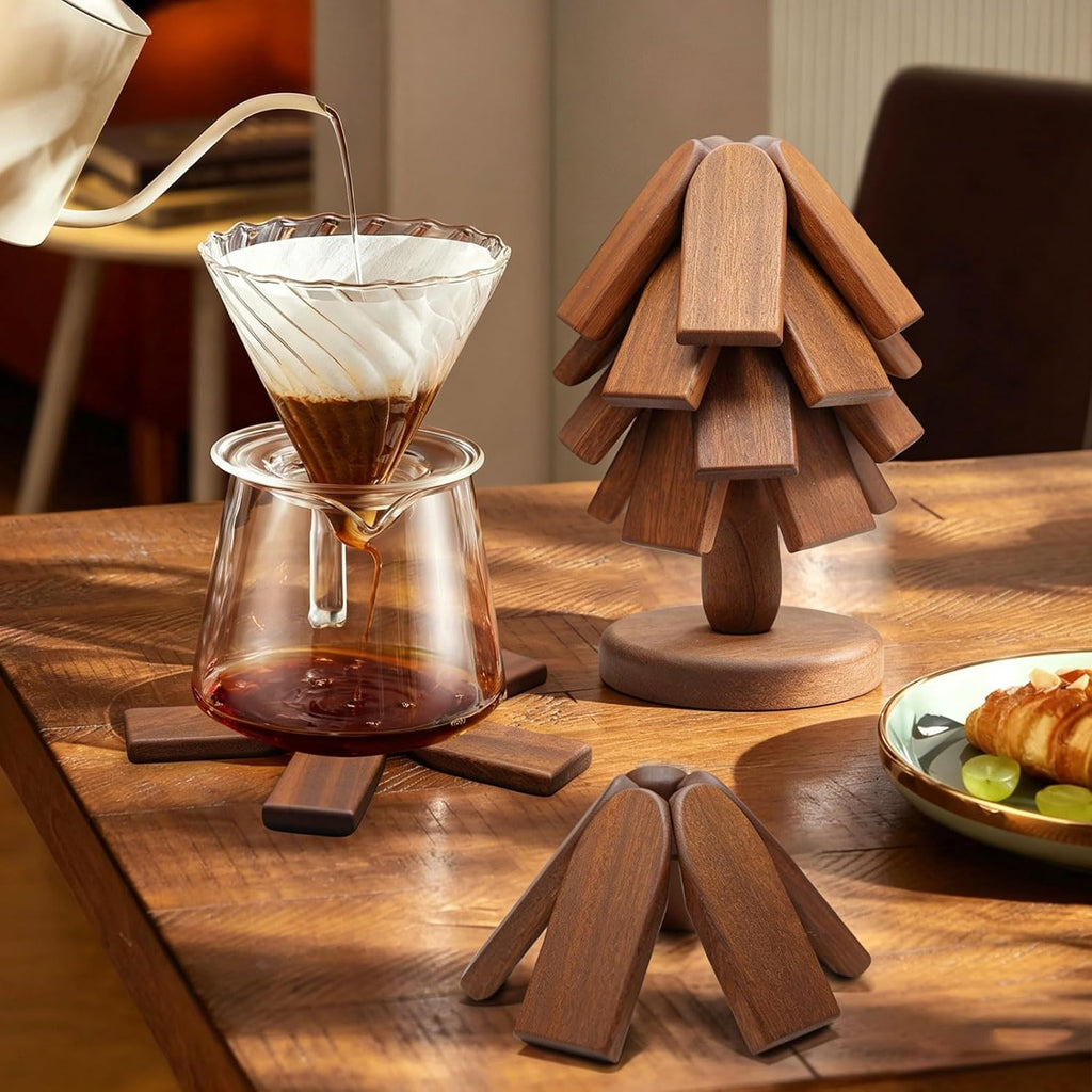 Square Wooden Trivet Set for Hot Dishes Sapele Wood Tree Shape Trivet Set