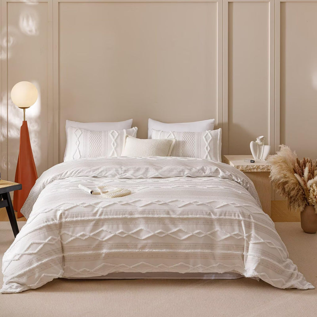 White Boho Comforter Set Queen Farmhouse Tufted Bedding Set Soft Bohemain Shabby Chic Blanket Quilts Embroidery