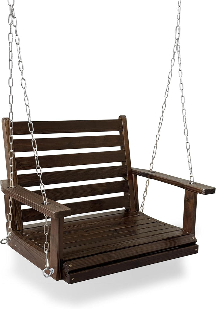 Wooden Porch Swing, Ergonomic Seat, Bench Swing with Hanging Chains and 7mm Springs, Heavy Duty 880 LBS, for Outdoor