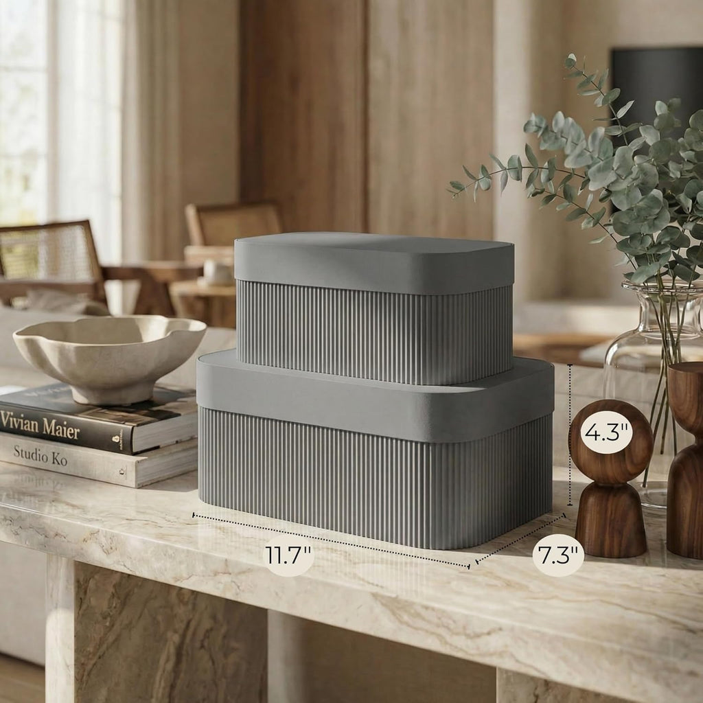 Decorative Storage Boxes with Lids Fluted Photo Organizer Bins - Set of 2