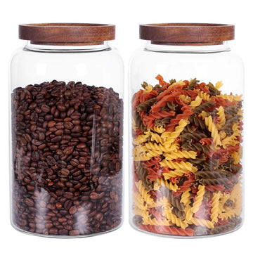 Large Glass Jar with Airtight Lid Set of 2 93 FL OZ(2750ml) glass canister set, Glass Food Containers Wooden Lid Suit