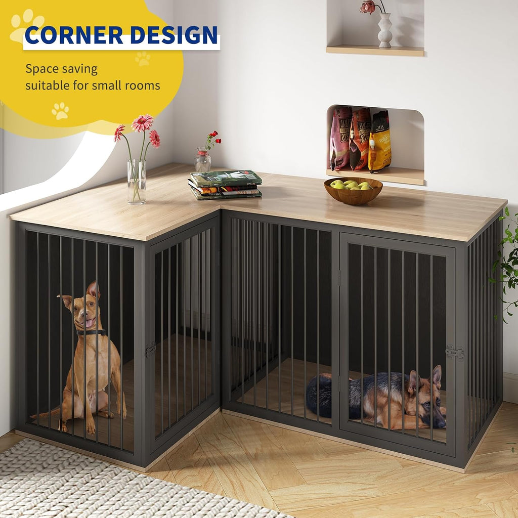 Dog Crate Furniture for 2 Dogs, Large Dog Kennel Furniture with Dividers and Double Doors, All Steel Frame