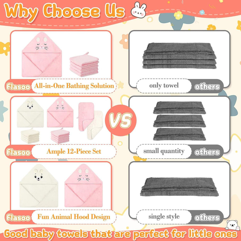 12 Pcs Baby Bath Towels Set for Infants Toddlers, 2 Pcs Animal Hooded Bath Towel, 2 Pcs Baby Burp Cloths & 8 Pcs