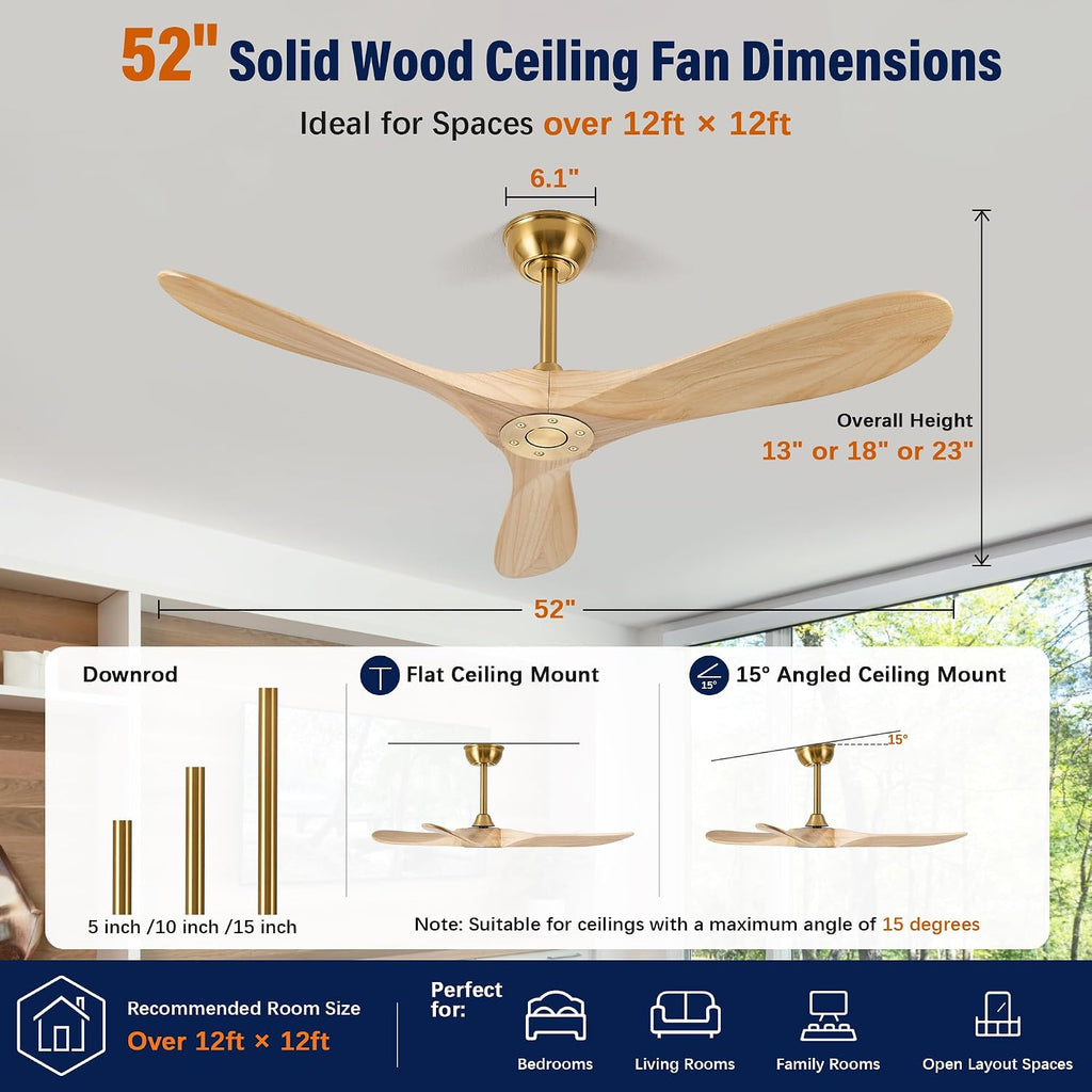 Inspired Maverick Style 52" wood ceiling fan, Brass Gold