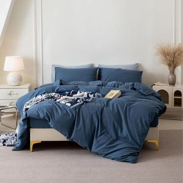 3 Pieces Gray Blue Duvet Cover Set Queen 90'' L 90'' W, 100% Washed Cotton Duvet Cover with Zipper Closure Plus 2