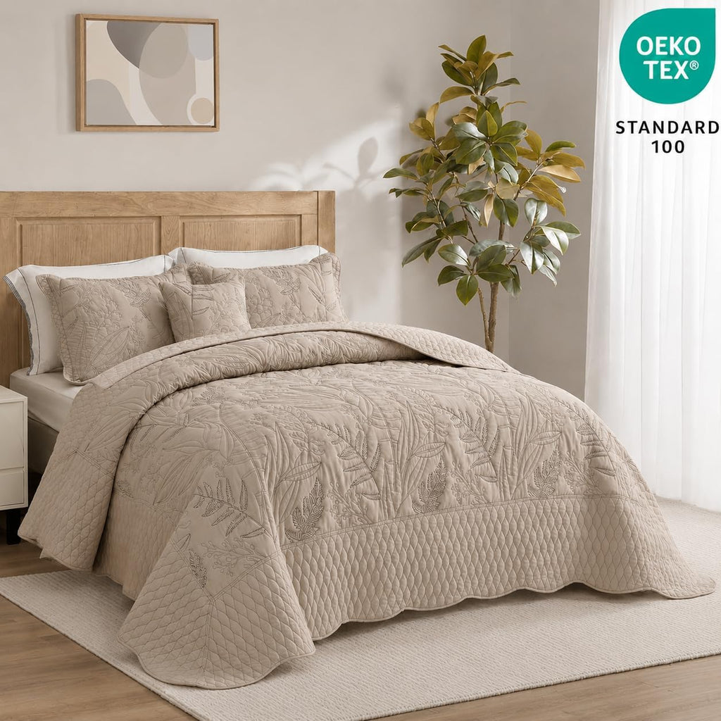 Botanical Oversized Bedspread King - Leaves Pattern Stitching Quilt Set - Elegant & Fresh Style Bedding Coverlets