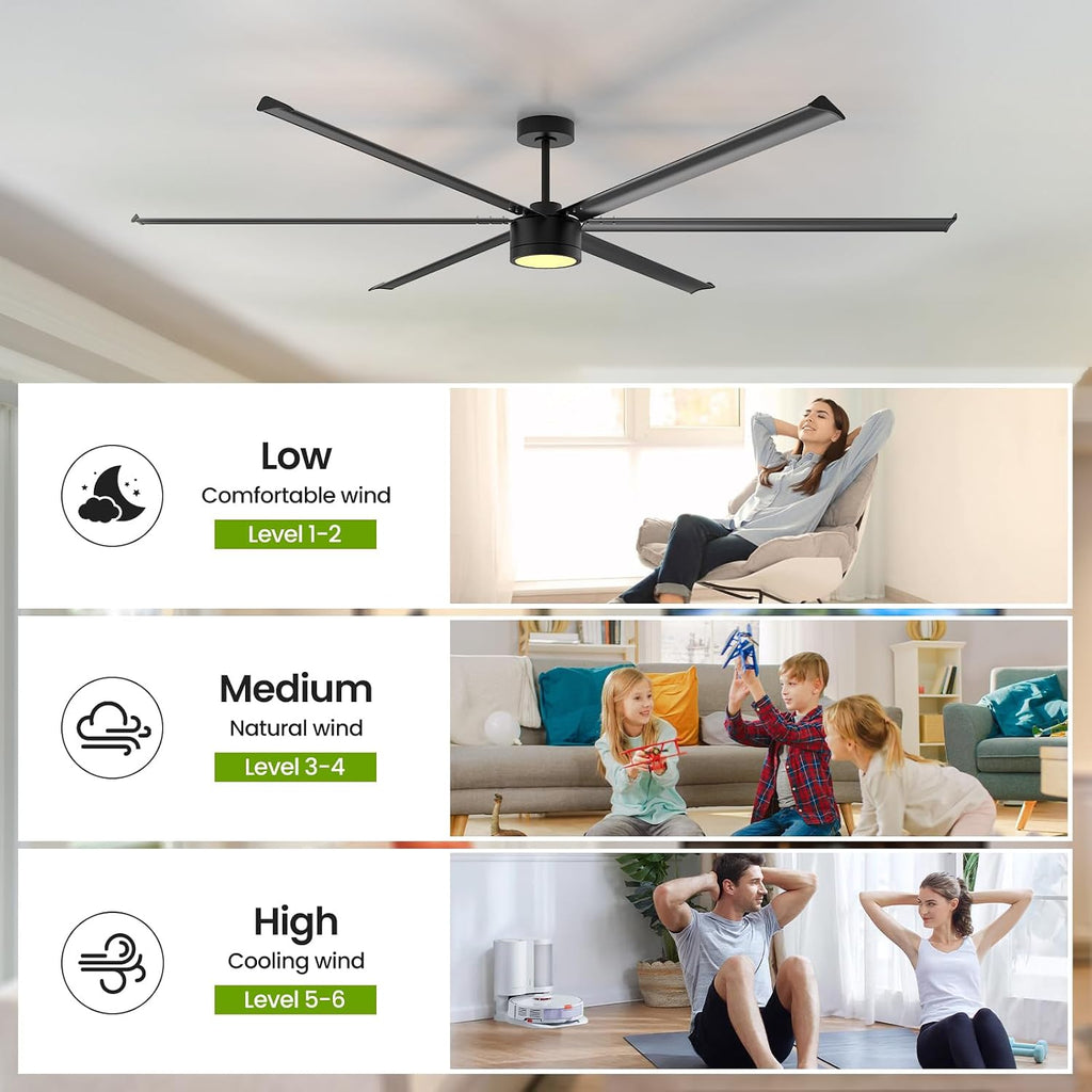 96 Inch Industrial Ceiling Fan with Light,Large Ceiling Fan with Remote and APP,6 Reverisble Aluminum Blades,6-Speed,Indoor,Outdoor Ceiling Fans for Patios/Shop/Garage/Commercial Black A101-B0FB8TGG8N