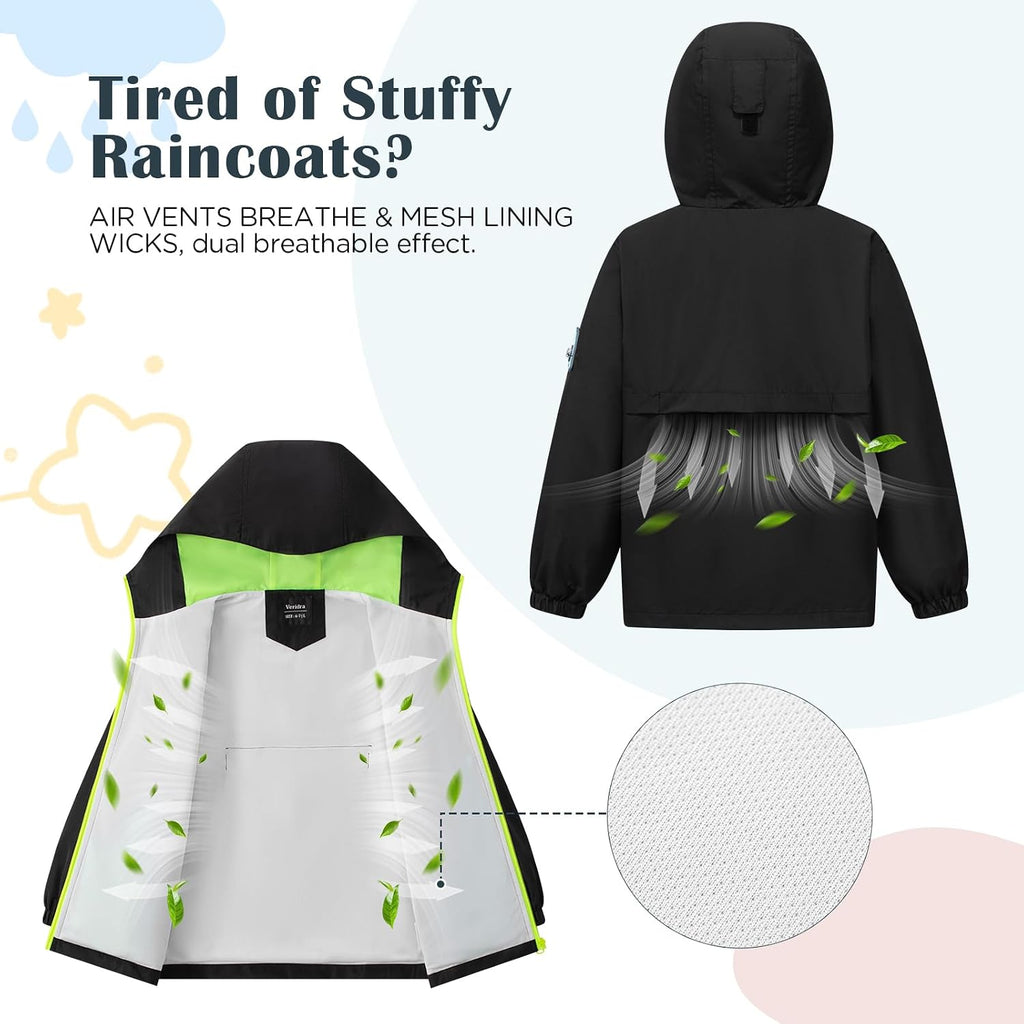 Kids Rain Jacket with Air Vents Mesh Lined, Hooded Raincoats with Extended Brim for Boys Girls