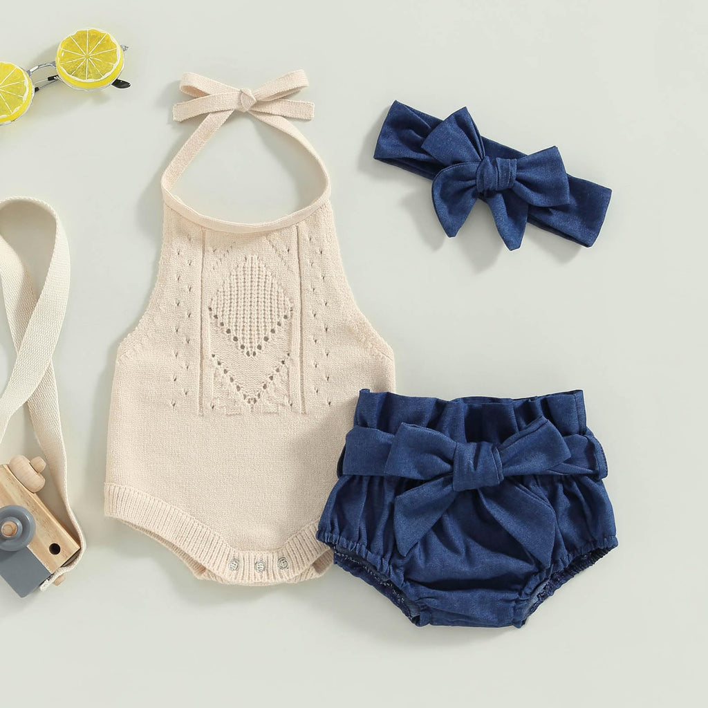 Toddler Baby Girl Summer Outfit Solid Color Tie-Up Halter Neck Knit Sweater Romper Denim Short Headband 3Pcs Clothes