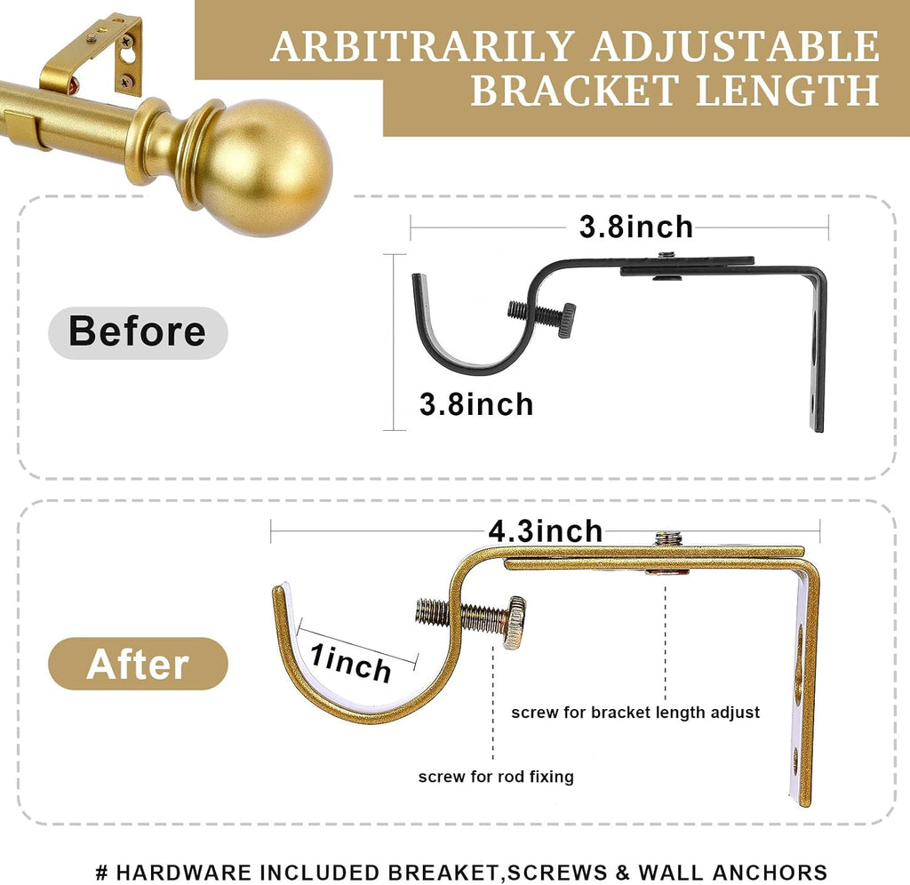 Curtain Rods - 1" Diameter, Standard Decorative Window Curtain Rod Set with Brackets - Gold