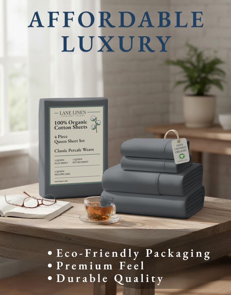 Queen Bed Sheet Set 100% Organic Cotton Cooling Soft - Charcoal