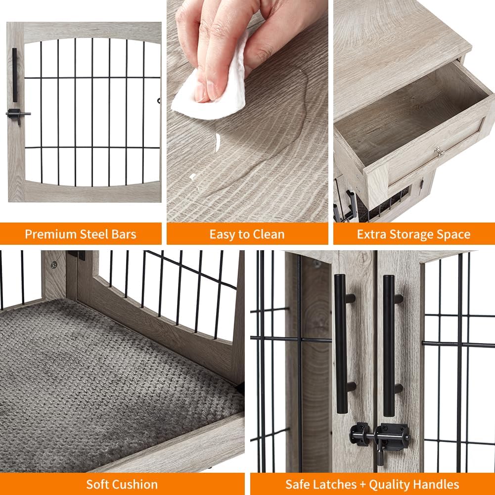 Modern Wooden Dog Crate Furniture with 3 Doors & 2 Drawers - Comes with Cushion - Indoor Dog Kennel End Table