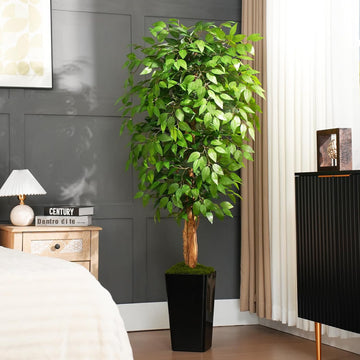 6ft Ficus Artificial Tree with 3 Natural Curved Trunks, 74" Tall Lush Faux Tree Decor Indoor, Green Lifelike Fake