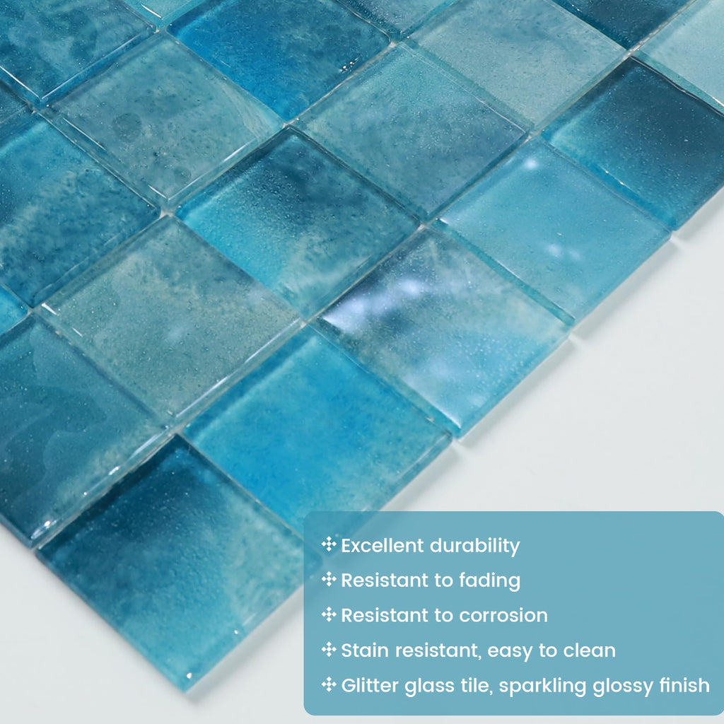 Glass Mosaic Pool Tiles Backsplash, 12" x 12" Aqua Blue 3D Wave Texture Square Tiles for Swimming Pool Accent Wall