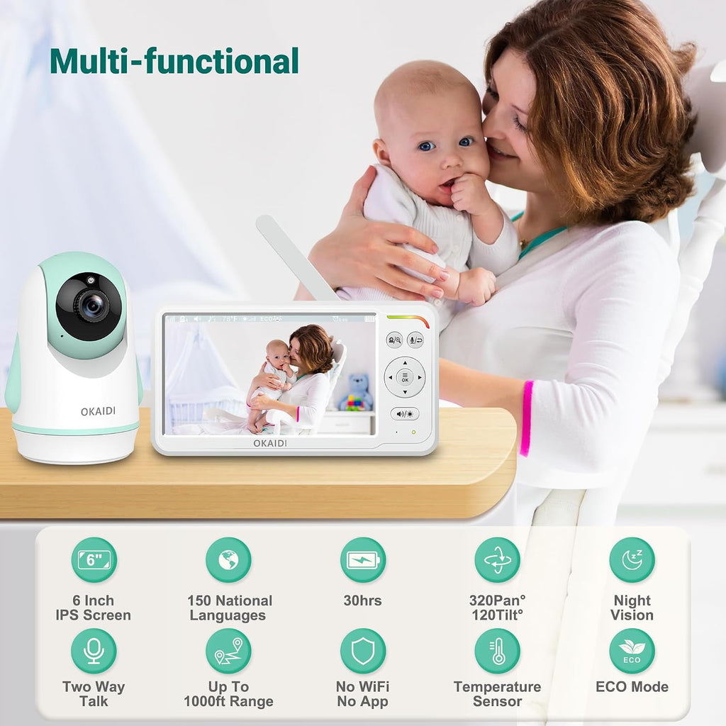 6" Screen Baby Monitor with 2 Cameras, Pan-Tilt-Zoom Camera No WiFi