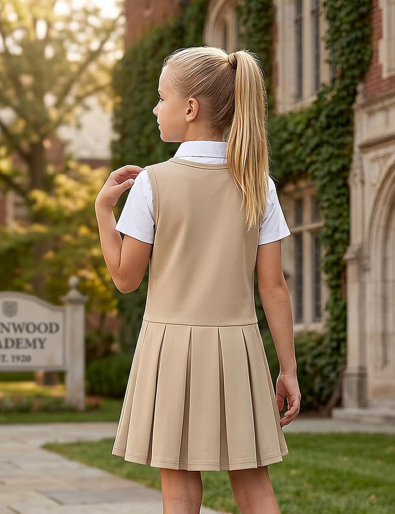 Girls 2 in 1 School Uniform Dress Short Sleeve Pleated Jumper Button Down Shirts Dresses