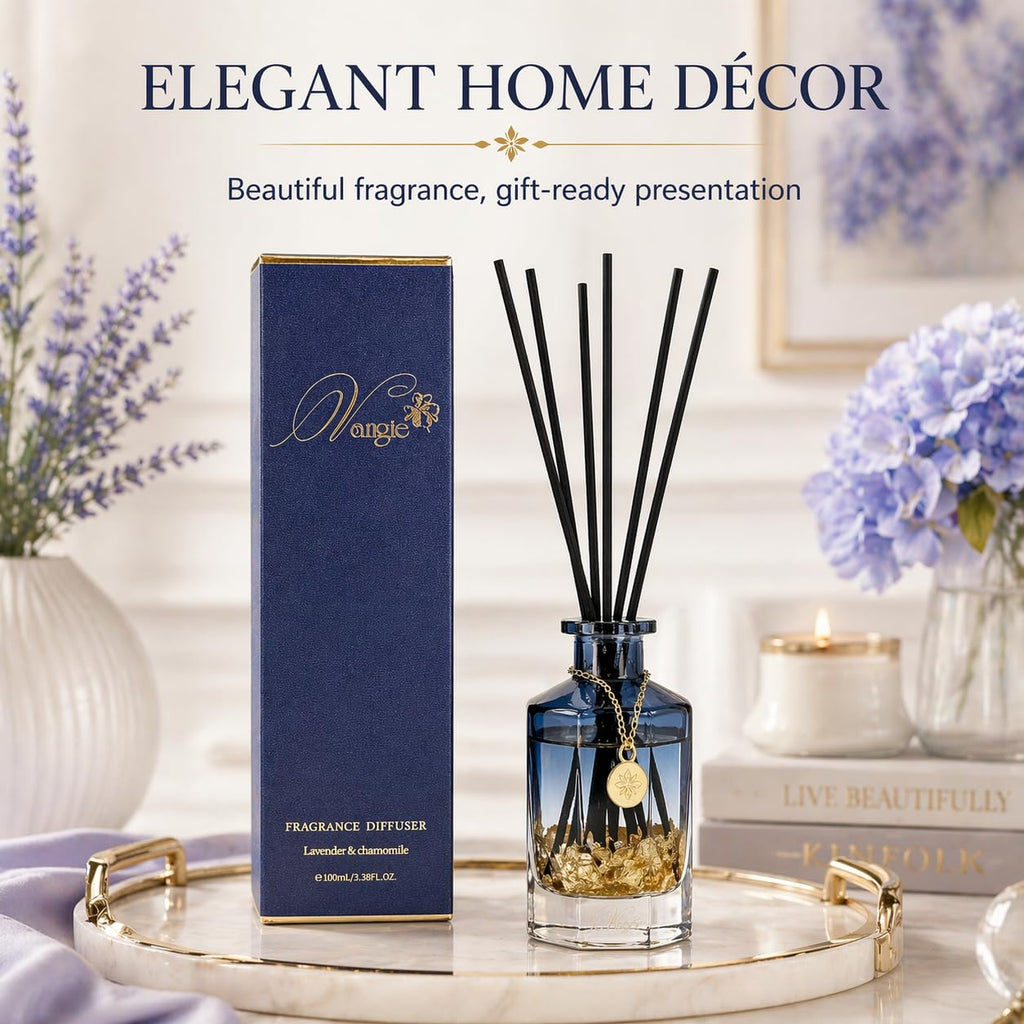 Luxury Reed Diffuser | Lavender & Chamomile Calming Scent | Floating Gold Leaf Glass Bottle | Long-Lasting Aroma