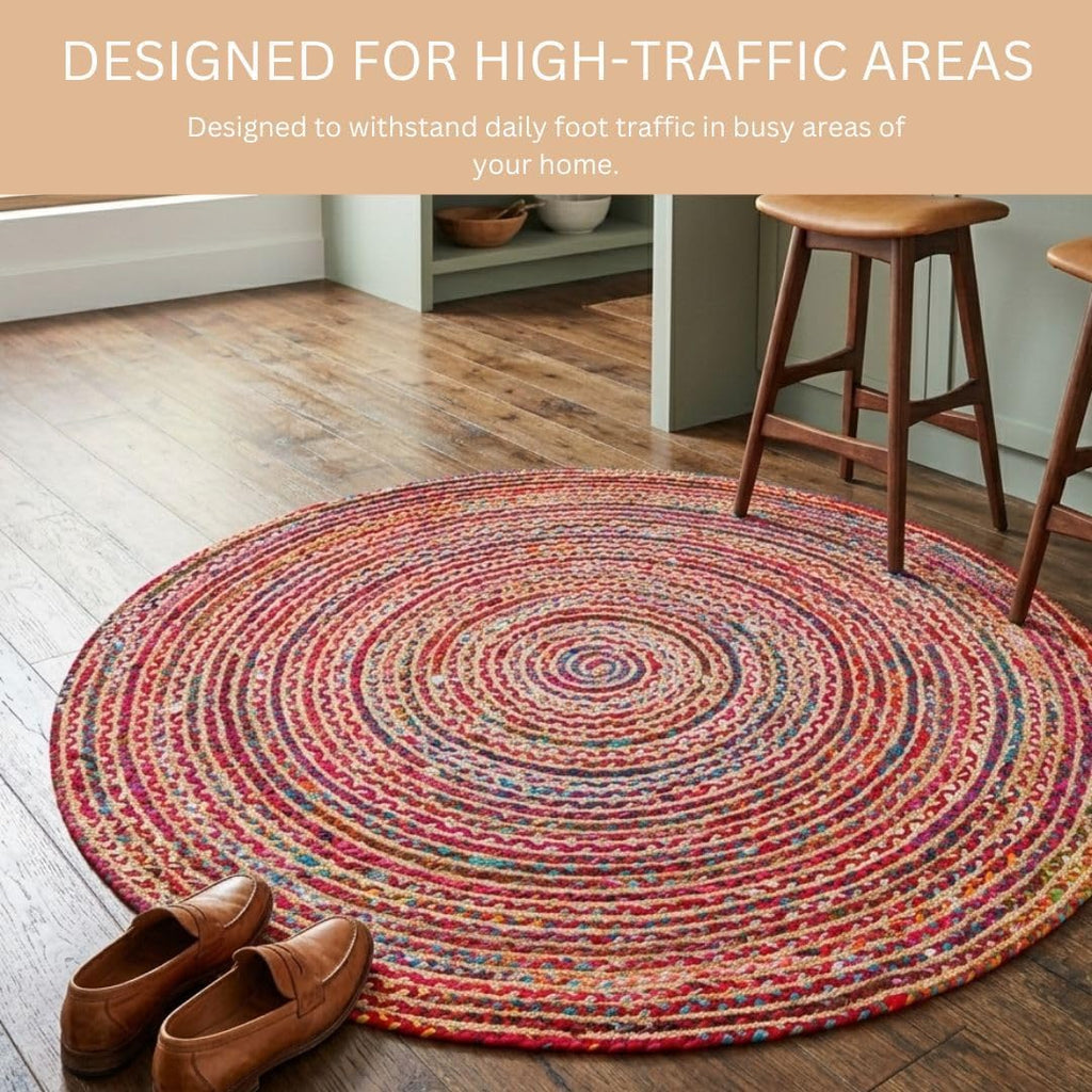WeWove Hand Woven Area Rug 6 Feet Round - Jute Cotton Area Rug Rustic Farmhouse Boho Accent Rug